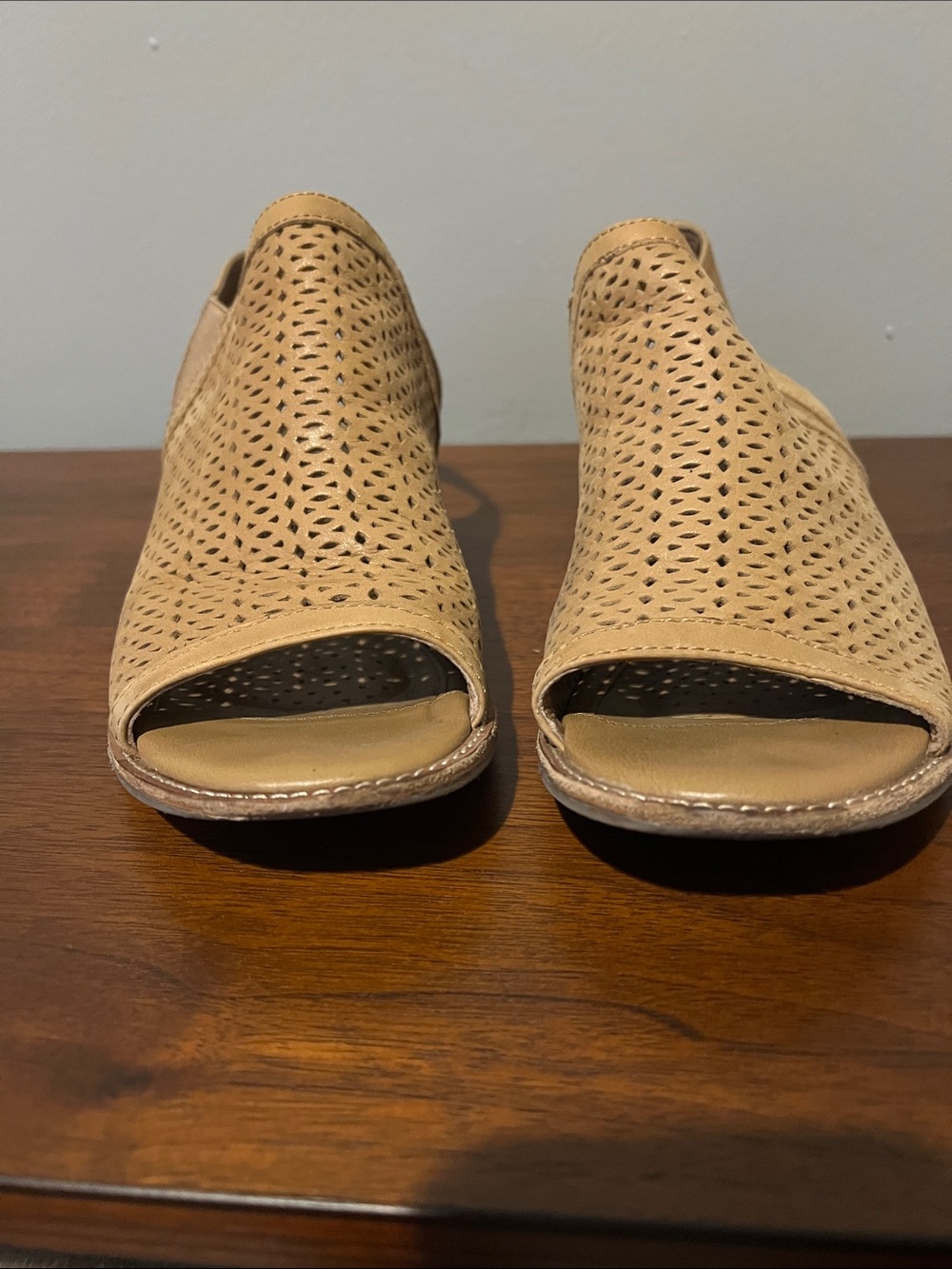 Sofft Tan Perforated Peep-Toe Wedge Mules